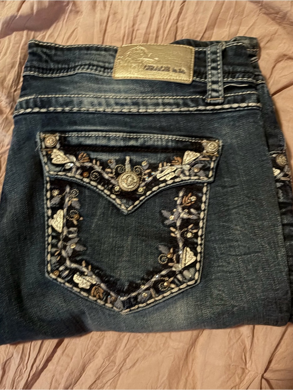 Grace in LA Dark Wash Boot Cut Jeans with Embroidered Pocket